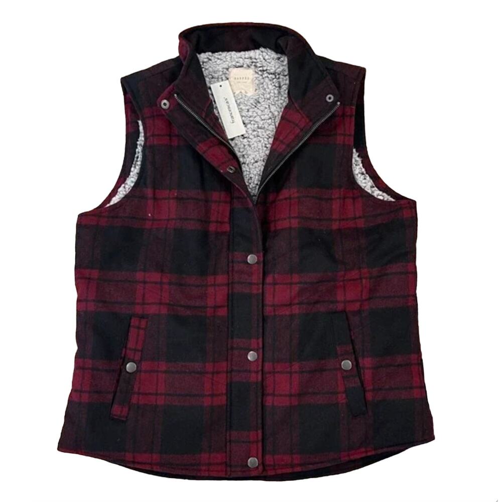 NWT Francesca's Harper Heritage Burgundy/Black Plaid Flannel/Sherpa Vest